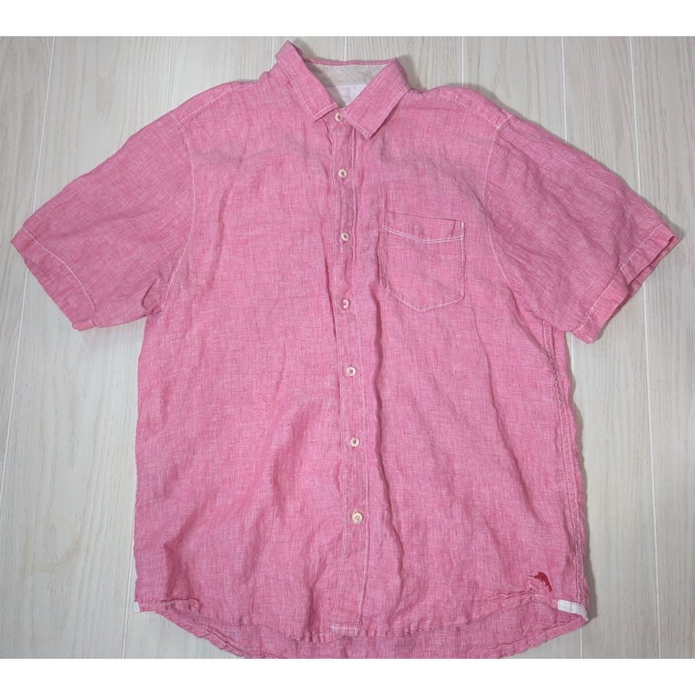 Tommy Bahama Men's Largge Short Sleeve Linen Button-Down Shirt Pink L